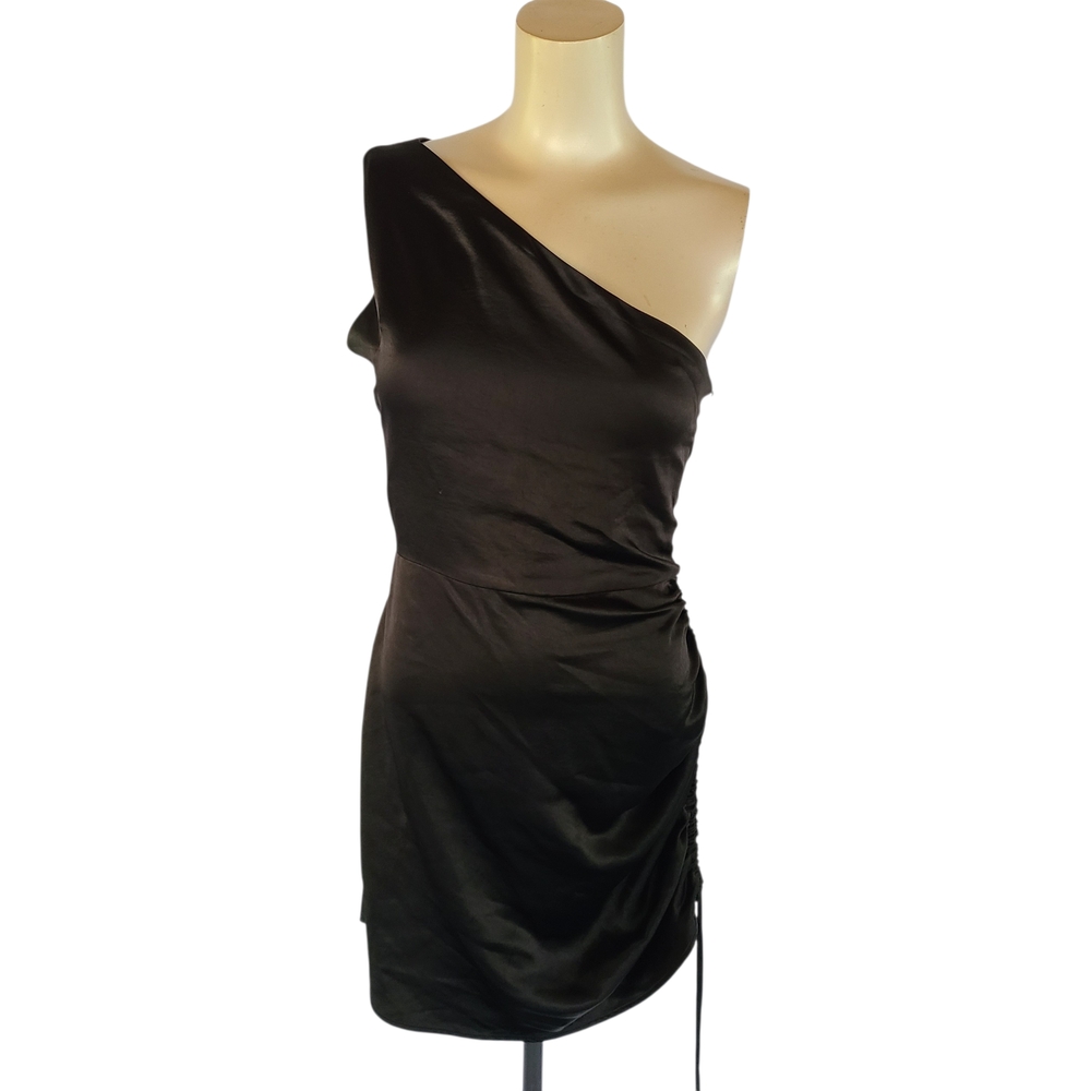 Glam Black One-Shoulder Satin Ruched Mini Dress - Size M